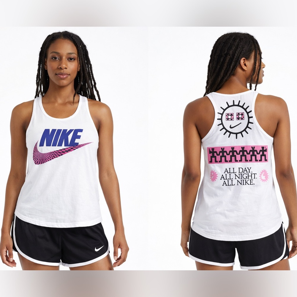 Nike Graphic Tank Top White Pink Blue Swoosh “All Day All Night” Size Small